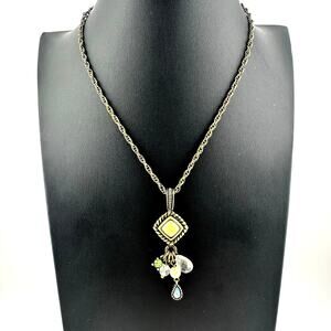 lia sophia Green Rhinestone Blue Teardrop Faux Pearl Bronze Tone 18" Necklace